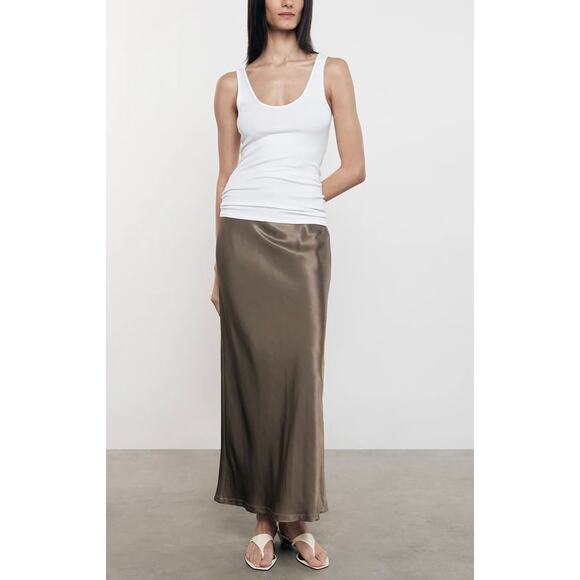 Enza Costa Dresses & Skirts - ENZA COSTA Satin Bias Cut Skirt Womens Small 1 Shiitake Brown Midi Pull on Slip
